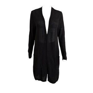 J Jill Black Long Length Cardigan Sweater Womens M Linen Blend Slits Minimalist